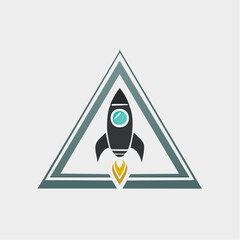A dynamic graphic concept depicting a rocket launch, symbolizing rapid business growth, startup innovation, and technological advancement, enclosed within a bold triangular emblem
