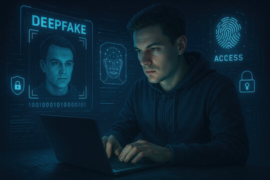 Man using laptop with deepfake detection and biometric access technology illustrating ai crimes and cybersecurity threat