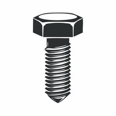 A black and white illustration of a metal hex head bolt with visible threads, symbolizing construction and mechanical fastening