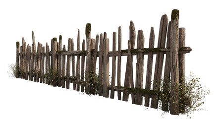 Old wooden fence with moss isolated on transparent background