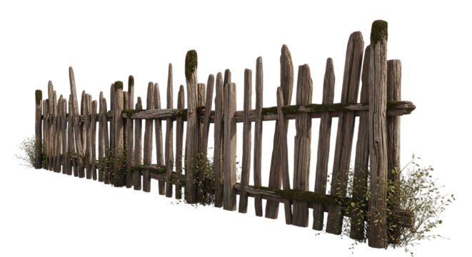 Old wooden fence with moss isolated on transparent background - Powered by Adobe