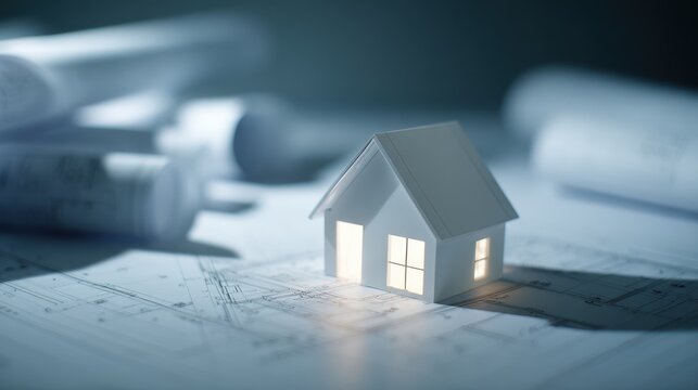 Small house model on blueprint with soft lighting creates a cozy scene - Powered by Adobe
