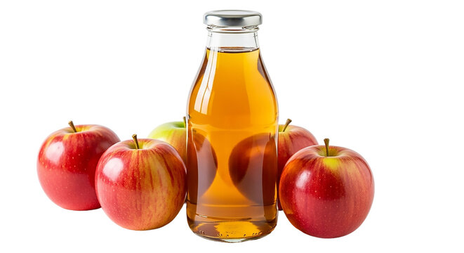 Bottle of apple juice with fresh red apples isolated on transparent background