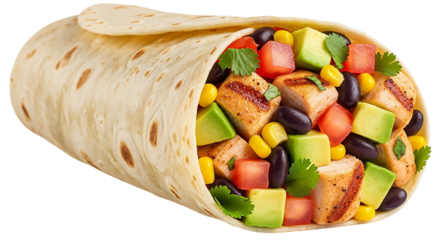 Delicious chicken burrito with avocado, corn, black beans and tomato on transparent background