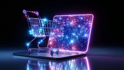 A Glowing Shopping Cart Ascends from a Futuristic Laptop Screen, Illuminated with a Cosmic Starfield, Merging E-Commerce with the Wonders of the Universe for an Enchanting Experience - Powered by Adobe