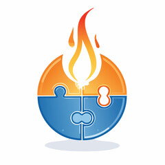 A glossy icon of a four-piece circular puzzle in orange and blue, with a rising flame representing a brilliant idea, passion, and successful problem-solving