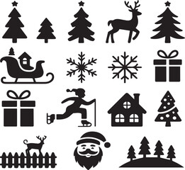 Black Christmas Icons Set Festive Winter Holiday Symbols vector