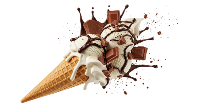 Delicious ice cream cone with chocolate syrup and chunks isolated on transparent background - Powered by Adobe