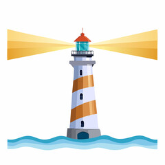 Illustration of a striped lighthouse standing tall and shining its bright light across the wavy sea under a clear sky