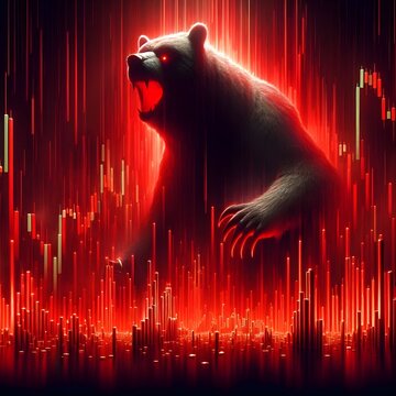 Giant Red Bear Symbolizing Crypto Market Crash Among Falling Candlestick Charts