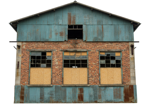 Isolated old warehouse structure, abandoned factory exterior, weathered ruin, derelict building