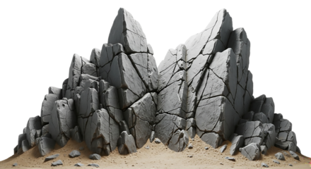 A rock formation with jagged edges isolated on transparent background, against white backdrop