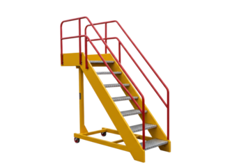 Isolated step ladder, platform with safety rails for industrial use or construction site access