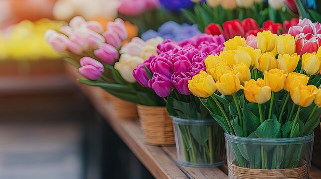 Rows of vibrant flowers adorn a flower shop, showcasing a variety of roses and tulips in different colors. The display creates a warm and inviting ambiance for shoppers - Powered by Adobe
