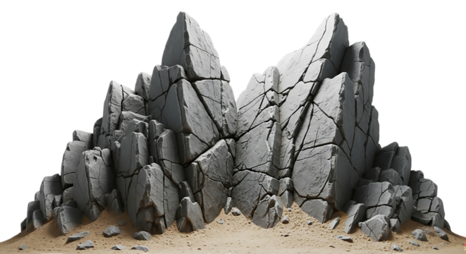 A rock formation with jagged edges isolated on transparent background, against white backdrop - Powered by Adobe