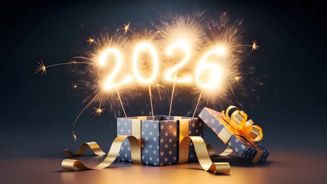 Celebrate 2026 New Year with sparkling sparklers emerging from a festive gift box of possibilities