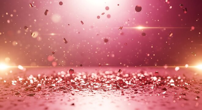 Vibrant pink and rose gold confetti sparkles and rains down onto a reflective surface, creating a magical, illuminated background.