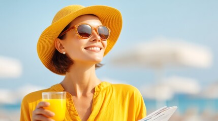 Relaxation fills the air as a woman lounges by the pool, sipping refreshing juice and flipping through a magazine. Her joyful smile reflects the sunny atmosphere