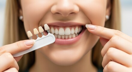Smiling woman with perfect teeth holds dental shade guide, showcasing cosmetic dentistry options, highlighting the importance of dental aesthetics and smile enhancement