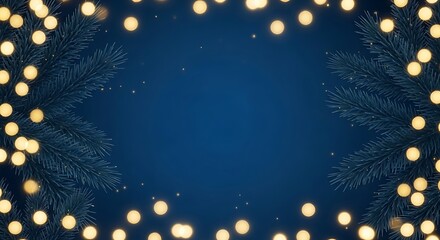 Soft focus warm golden fairy lights creating a festive glowing circular frame on a dark blue background with bokeh