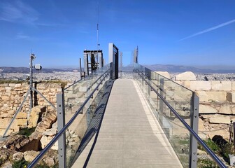 Photo of the new slope elevator and accessible pathway leading to the Sacred Rock of the Acropolis in Athens, Greece. 