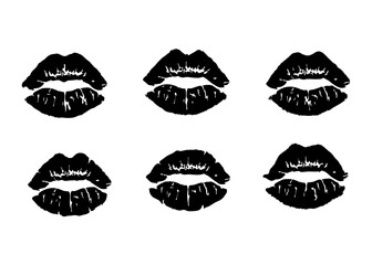 Set of realistic kiss lip imprints in black on transparent background. Vector illustration of human lips, isolated marks for design, decoration, or creative projects.