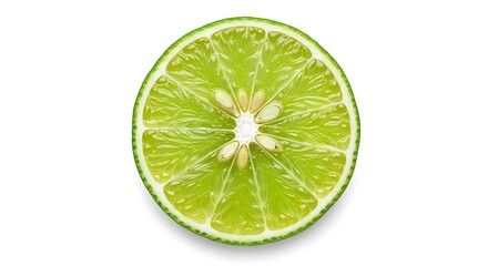 Close up of a vibrant green lime slice showcasing its juicy segments and seeds against a clean white background