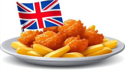 Golden fried fish is served alongside crisp, golden chips on a classic plate, proudly decorated with the Union Jack flag, celebrating British culinary heritage