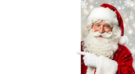 Smiling Santa Claus pointing on blank advertisement banner background with copy space