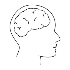 Continuous one line drawing of a human head with a brain inside, symbolizing intelligence, creativity, thinking, learning, and personal development. Minimalistic hand-drawn vector illustration