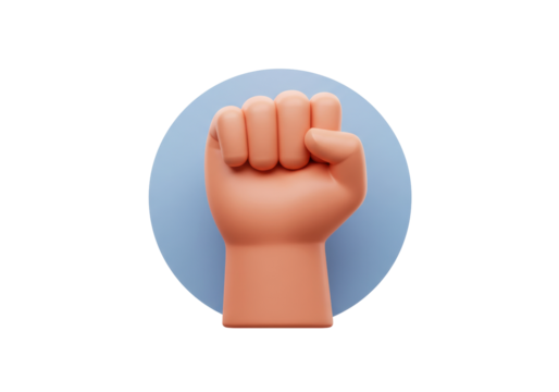 Isolated 3D clenched fist cartoon, hand raised in protest, fist bump, symbol of solidarity