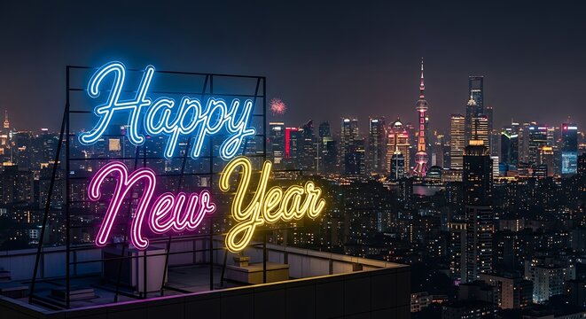 Happy new year neon sign cityscape wallpaper background for holiday celebration and festive season 2024