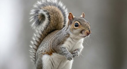 Obraz premium Grey squirrel, fluffy tail, curious gaze, soft light, blurred background