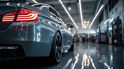 A modern gray car parked inside of a garage with lights on the ceiling