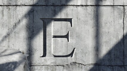 Letter E carved into a concrete wall, with shadows and a textured surface.