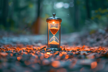 Surreal hourglass with sand morphing into human faces, illustrating the passage of time vividly