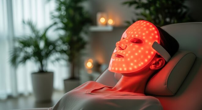 Woman relaxing with a red LED facial mask in a serene spa environment, surrounded by greenery and soft lighting, enhancing skin rejuvenation and wellness experience - Powered by Adobe