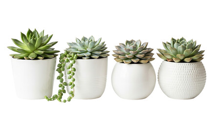 Four succulent plants in white pots isolated on transparent background in a row
