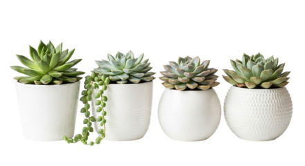 Four succulent plants in white pots isolated on transparent background in a row