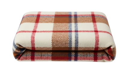 Folded wool blanket with plaid pattern isolated on transparent background for comfort