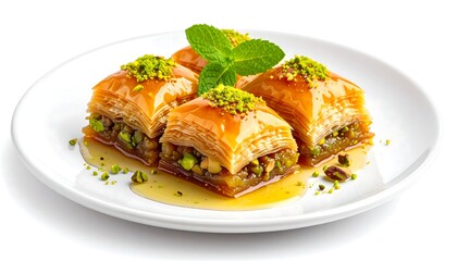 Golden, syrup-drenched baklava pieces garnished with mint and pistachios on a white plate, studio shot