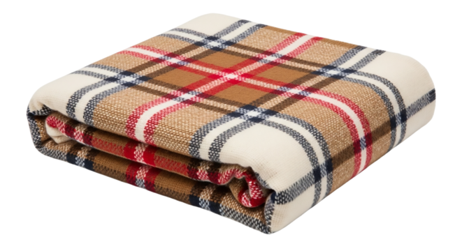 Folded wool blanket with plaid pattern isolated on transparent background for warmth