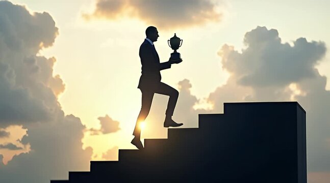 Silhouette of a successful businessman climbing stairs while holding a trophy against a dramatic sunset sky representing career achievement progress and ambition