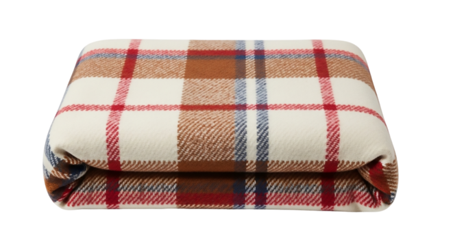 Folded wool blanket with plaid pattern isolated on transparent background for comfort