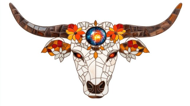 A striking stained glass representation of the Taurus zodiac sign features a bull's skull with a galaxy at its center