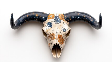 A hyper-realistic depiction of the Taurus zodiac sign merges artistry with nature, showcasing a vibrant stained glass bull skull filled with a galaxy design, set against a clean white backdrop