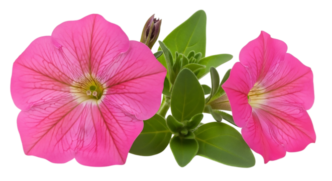 Two pink petunia flower isolated on transparent background, with green leaves and bud