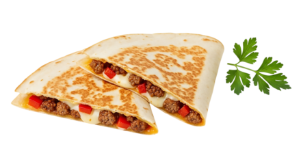 Delicious beef quesadilla cut in half isolated on transparent background, served with parsley