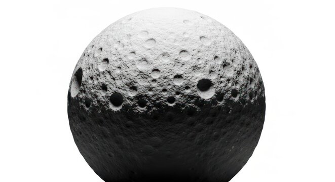 Heavily cratered spherical object, grayscale, resting in empty white space