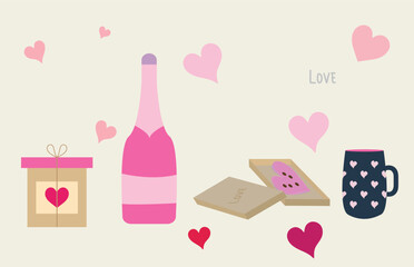 Valentine s Day Romantic Gift Set Vector, perfect for holiday postcards, social media graphics, and romantic designs.